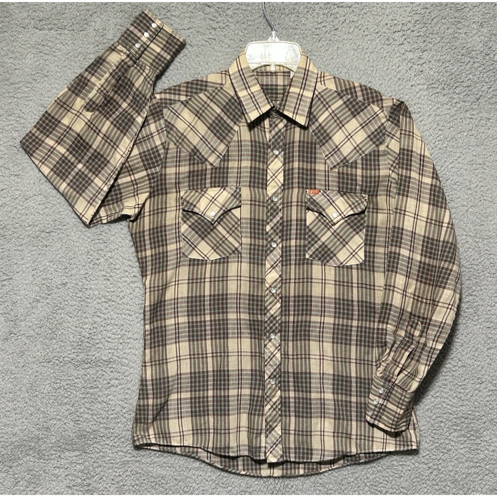 Vintage Ely Plains Shirt Mens L Long Sleeve Pearl Snap Cowboy Western Ranch Ride